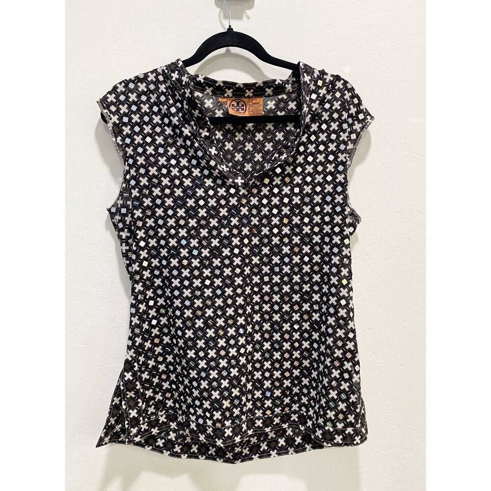 Tory Burch Blouse Womens 10 Brown Black Embellished Cap Sleeve Top Read